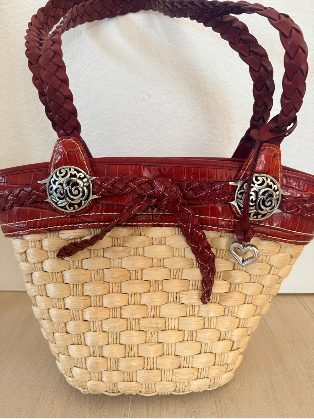 Brighton - Vintage ‘Candice’ Red Croc Leather & Straw Tote Bag with Heart Charm
